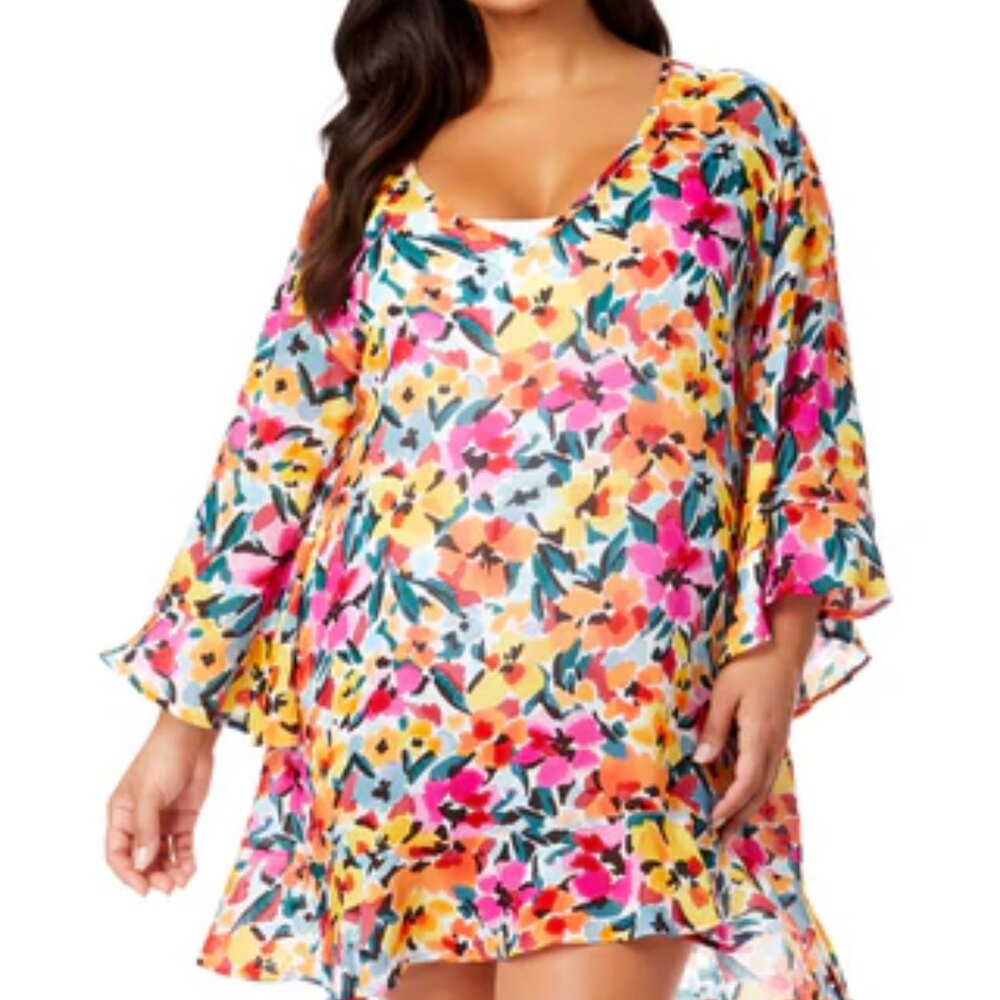 Anne Cole Gradient Floral Flounce V-Neck Tunic Swimsuit Cover-Up | Size 14-16